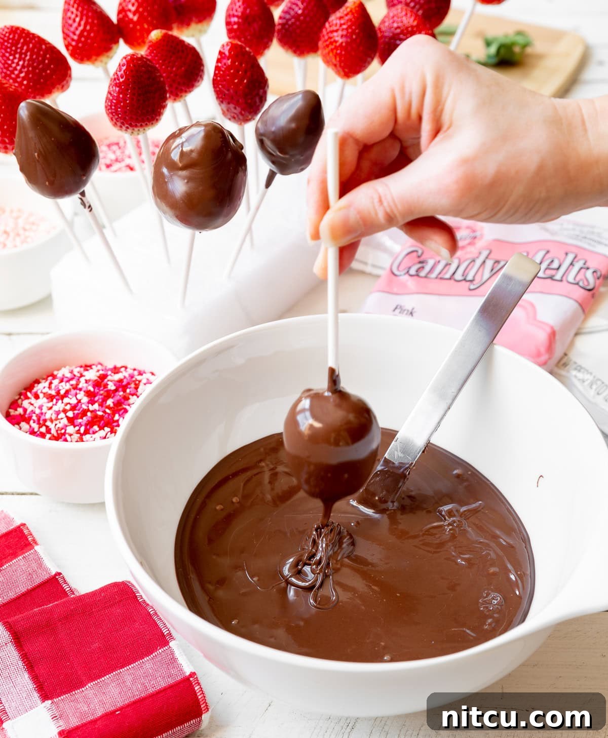 Gourmet Chocolate Strawberry Pops 4 A close-up shot of a hand gently dipping a fresh strawberry, impaled on a lollipop stick, into a bowl of perfectly melted brown chocolate. The chocolate smoothly coats the berry, signaling the beginning of its transformation.