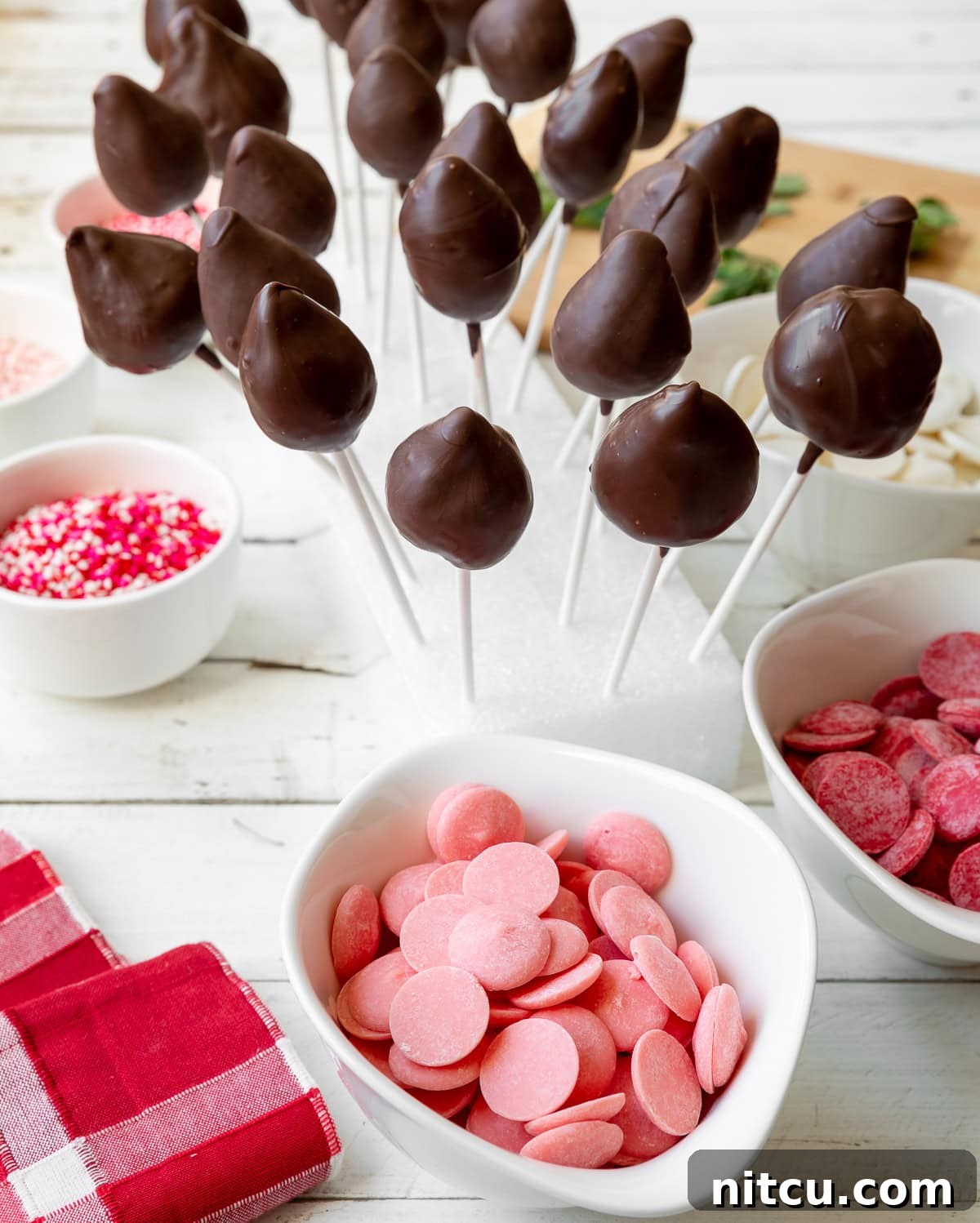 strawberry-pops A styrofoam block serves as a drying rack, holding a dozen meticulously crafted chocolate-covered strawberry lollipops. Around the base of the block are several white bowls, neatly arranged with vibrant pink, rich red, and creamy white melted candy melts, alongside a bowl of cheerful pink and white sprinkles, ready for decoration.