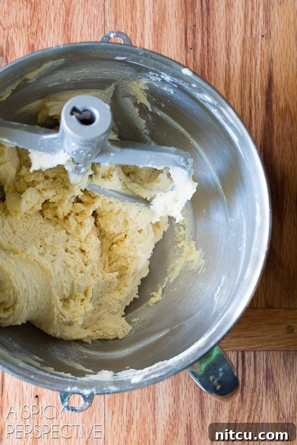 Sun-Kissed Cornmeal Treats 6 Ingredients for cookie batter being mixed in a stand mixer, showing the process.