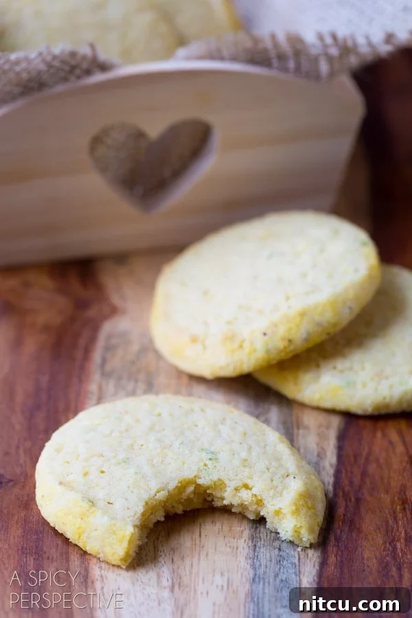 Sun-Kissed Cornmeal Treats 9 Tender Cornmeal Cookies - a bite taken out of one cookie, showing its soft texture.