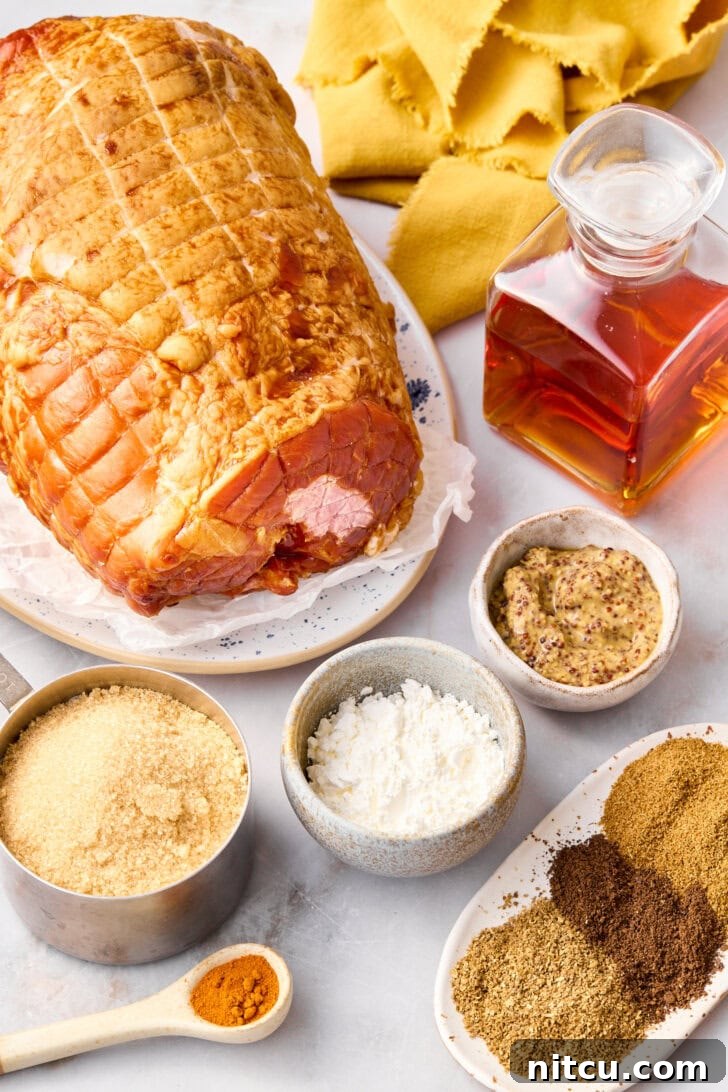 Caramelized Brown Sugar Glazed Ham 5 A collection of fresh ingredients laid out on a kitchen counter, including a whole smoked ham, a bowl of brown sugar, a bottle of brandy, jars of mustard and spices, essential for making a brown sugar glazed ham.
