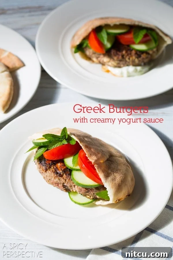Aegean Burger Bliss 2 Greek Hamburger Recipe on ASpicyPerspective.com #burgers #summer #greek