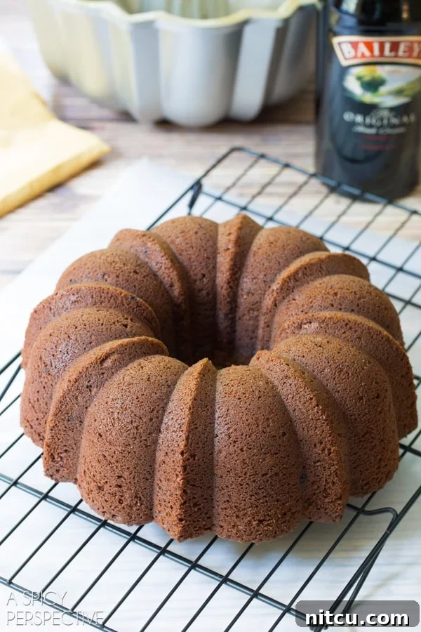 Irish Cream Dream Bundt 6 A freshly baked Baileys Irish Cream Bundt Cake cooling on a wire rack, ready for its decadent toppings.