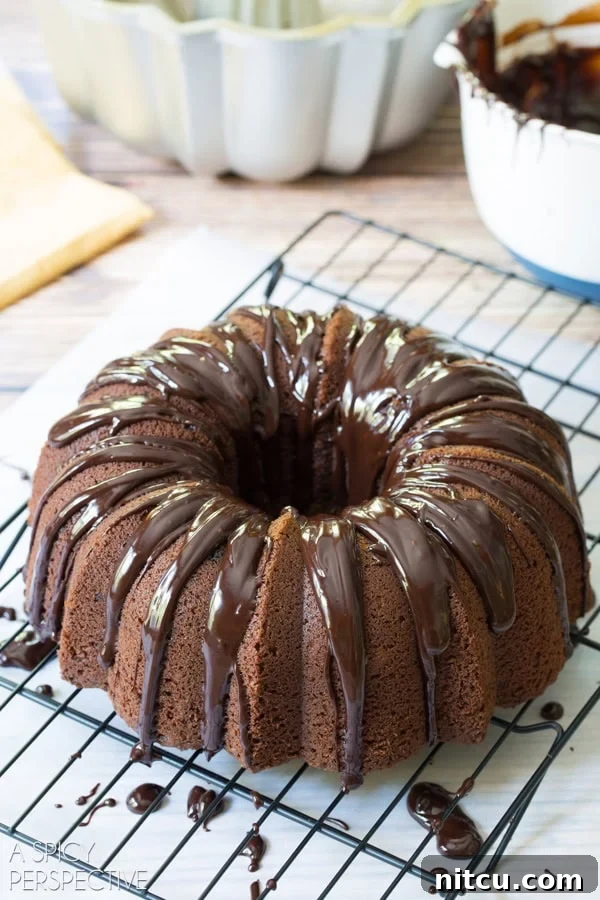 Irish Cream Dream Bundt 7 A Baileys Irish Cream Bundt Cake artfully drizzled with glossy chocolate ganache and golden caramel, cooling on a rack.
