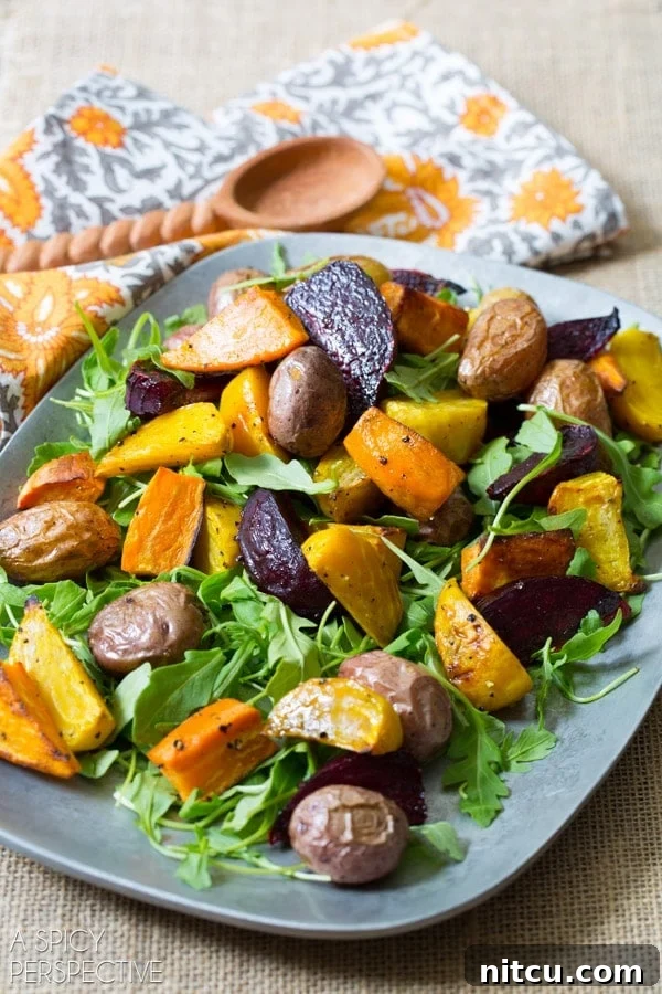 Golden Roasted Root Medley 3 Roasted Root Vegetable Salad on a serving platter.