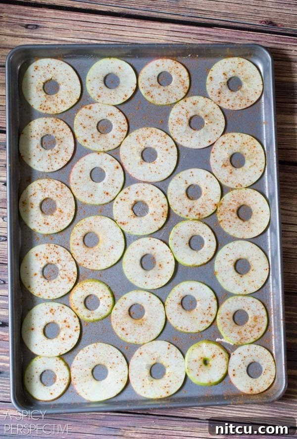 Golden Apple Crisps 4 Top down view of apple slices laid out on a baking sheet.