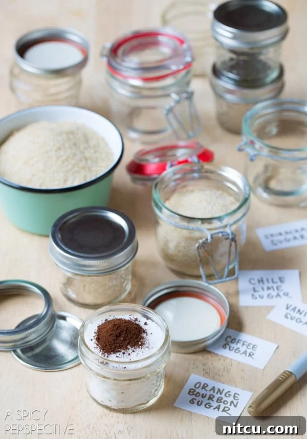 Gourmet Infused Sugars 3 Infused Sugar - Jars with sugar the spices laying on the countertop with labels for the jars