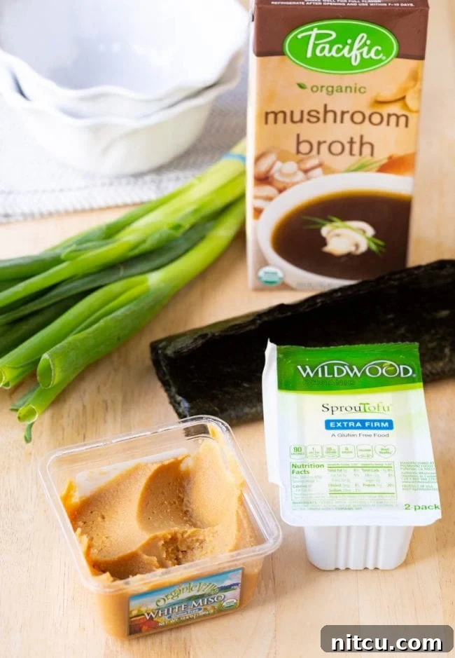Japanese All the essential ingredients neatly arranged for making this Japanese Miso Soup recipe.