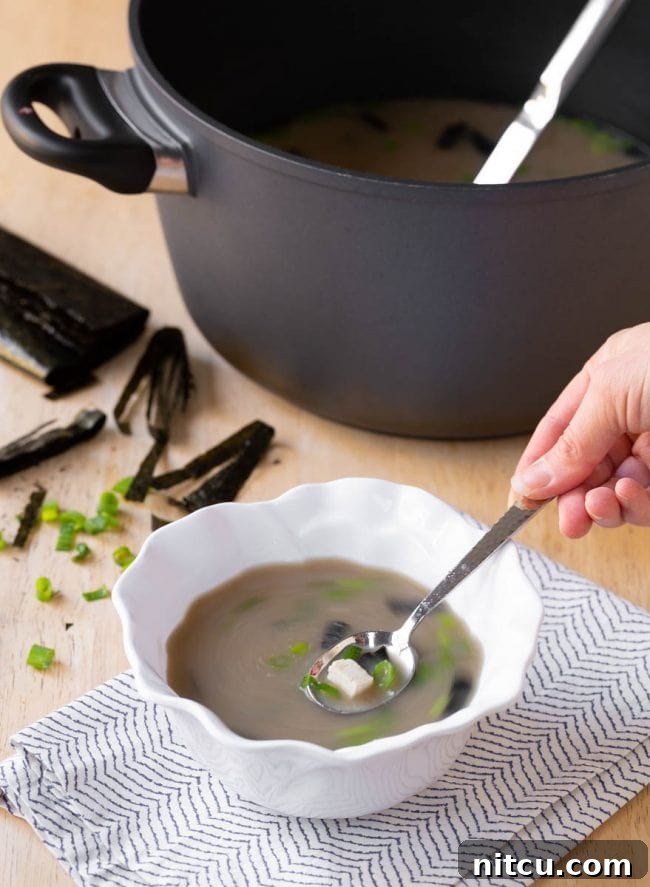 5-ingredients A finished bowl of the 5-ingredient Japanese Miso Soup, perfectly prepared and ready to be enjoyed.