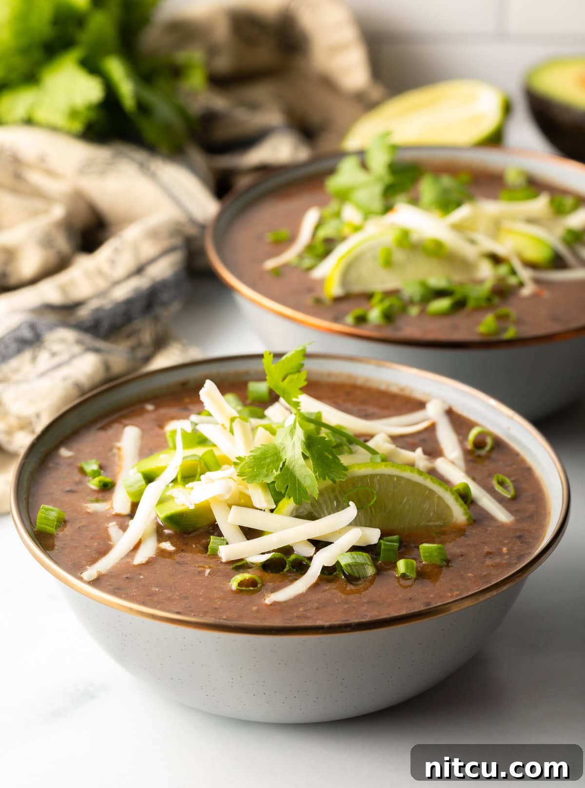 Slow Cooker Black Bean Bliss 2 Slow cooker black bean soup in a gray bowl with fresh garnishes, showcasing a rich, dark color and vibrant toppings.