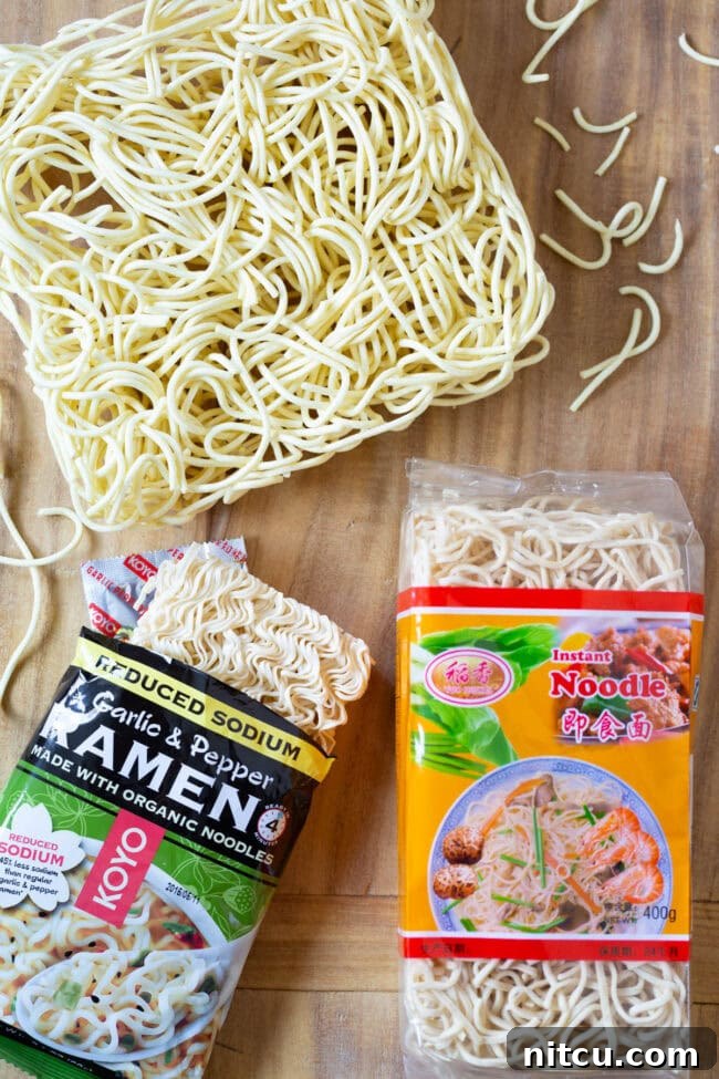 A visual guide showing different types of ramen noodles, from thin instant noodles to thicker, more artisanal varieties, highlighting options for home cooking.