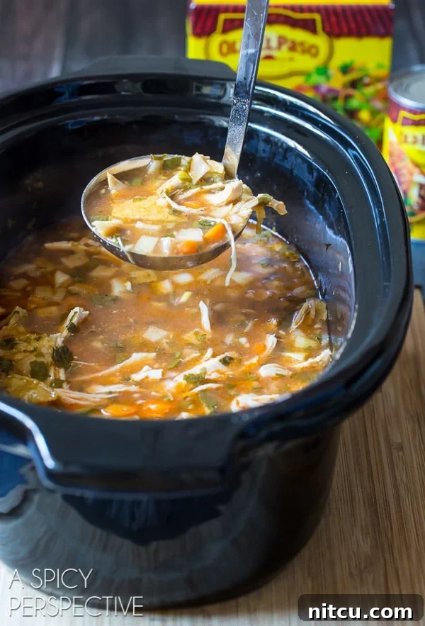 A black slow cooker crock brimming with a savory Slow Cooker Chicken Tortilla Soup. A metal ladle is poised to serve, highlighting the rich texture and vibrant colors of the soup.