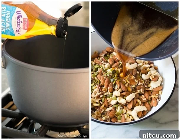 Left image shows agave being poured from a bottle into a large pot, beginning the syrup creation. Right image shows the brown liquid from the pot being poured into a large bowl with mixed nuts, initiating the coating process.