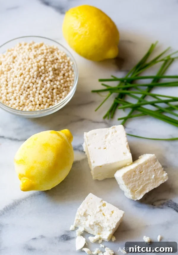 Essential Ingredients for Greek Lemon Chicken Soup Fresh ingredients for Greek lemon chicken soup including chicken broth, lemons, garlic, onion, chicken breasts, pearl couscous, feta, and chives, neatly arranged on a marble countertop.
