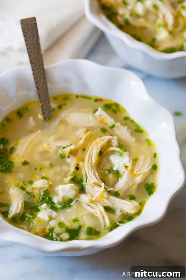 Comforting Lemon Chicken Soup A single white bowl of Greek lemon chicken soup, garnished with chives and a lemon slice, with a spoon nestled inside, ready to be eaten.