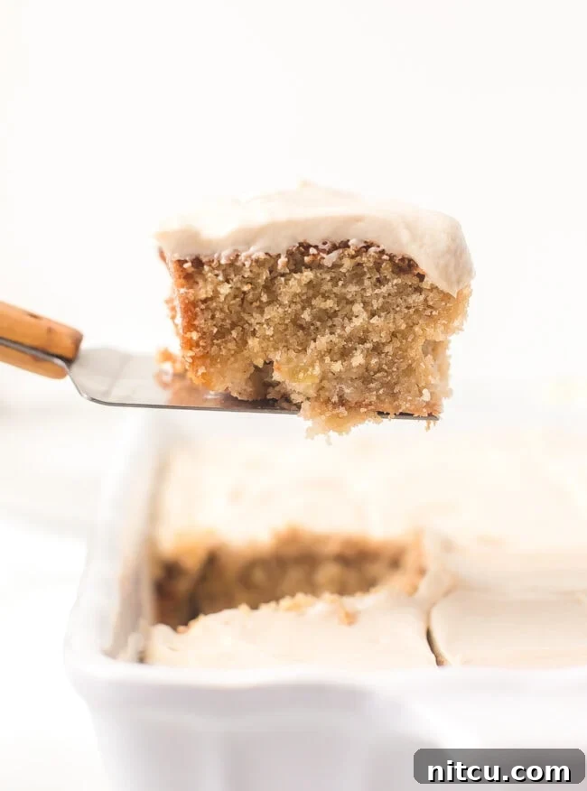 An easy Apple Cake Recipe being gently lifted out of its baking pan after cooling.