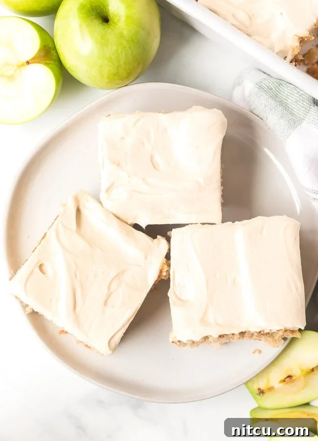 Overhead shot of three perfectly sliced apple cake pieces, each generously frosted, arranged on a rustic plate.