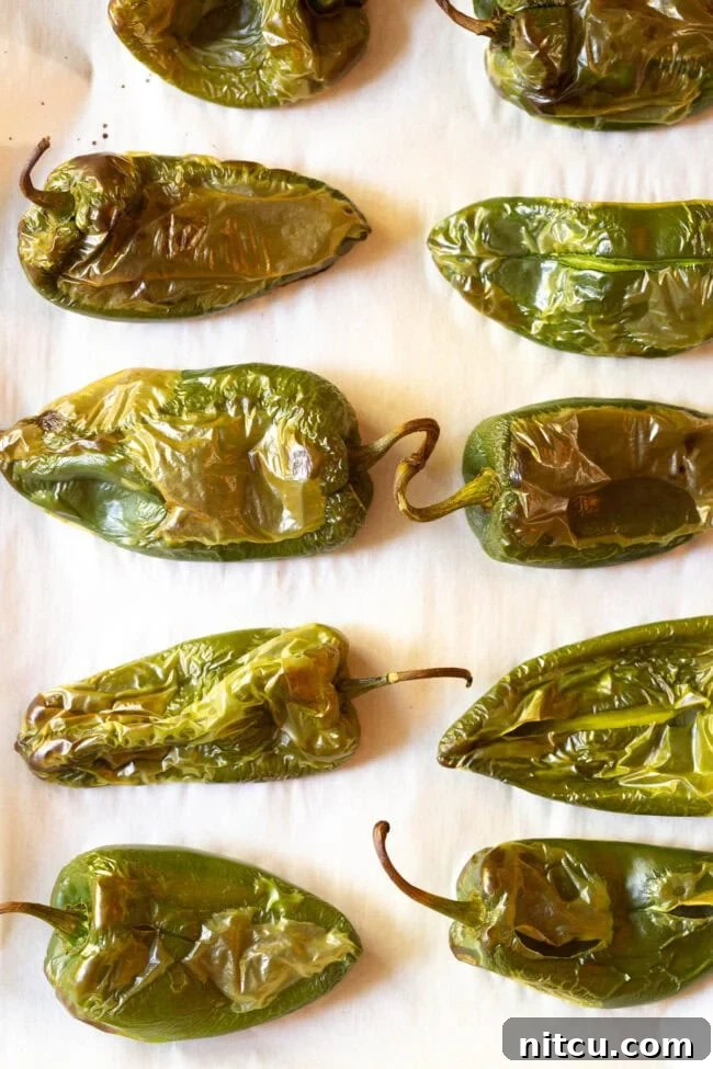 Roasted Poblano Peppers on a baking sheet.