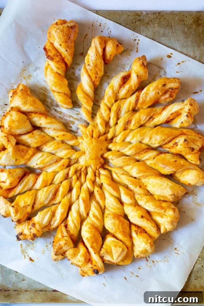 Flaky Pull-Apart Puff Pastry 10 Crispy golden Sunburst Pull Apart Bread overhead shot