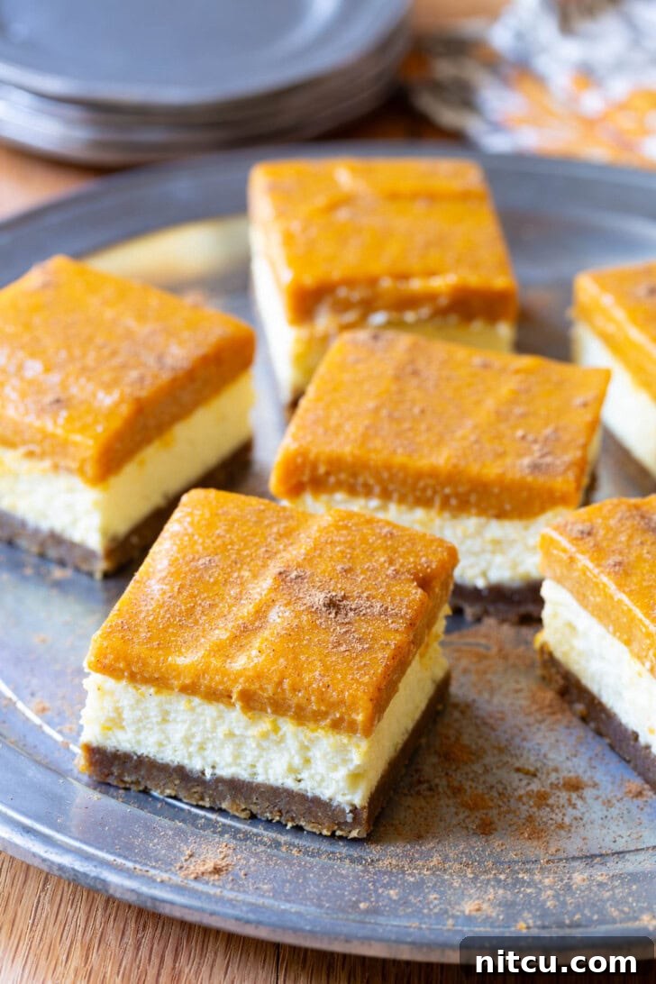 Spiced Pumpkin Cheesecake Squares 11 Elegant slices of pumpkin cheesecake on a rustic serving tray, perfect for a fall gathering.