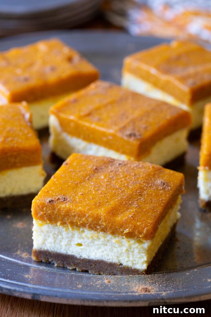 Spiced Pumpkin Cheesecake Squares 3 Delicious pumpkin cheesecake bars arranged on a serving platter, ready for guests.