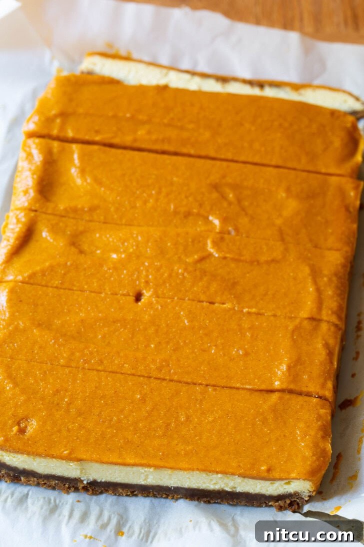 Spiced Pumpkin Cheesecake Squares 9 A sheet of pumpkin cheesecake bars being carefully sliced into individual servings.