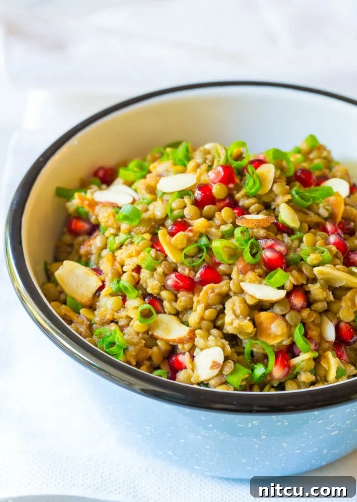 Wholesome Lentil Salad with Tangy Apple Dressing 2 Lentil salad with pomegranate, almonds and scallions in a serving bowl.