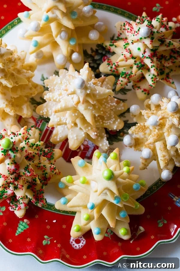 Fun to Make 3D Christmas Tree Cookies stacked on platter