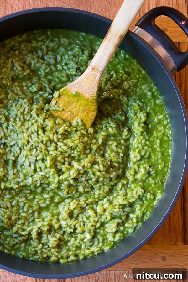 Creamy Spinach Risotto 6 Risotto and spinach purée simmering in pot.