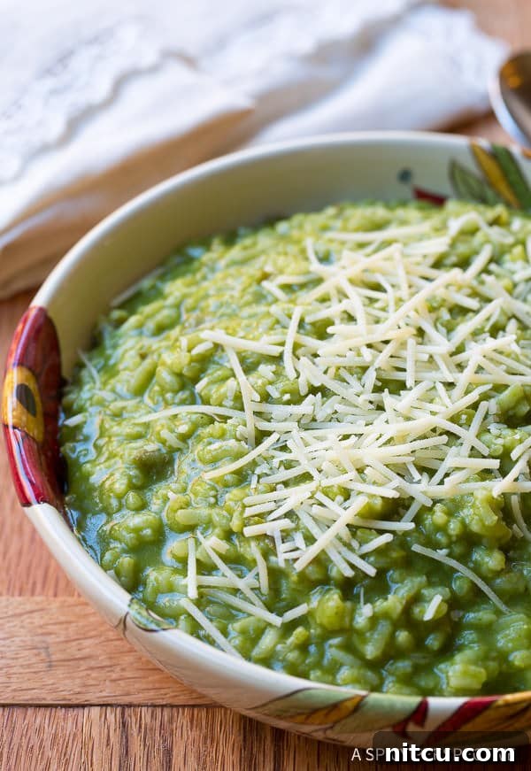 Creamy Spinach Risotto 7 Bowl of green garlic parmesan risotto.