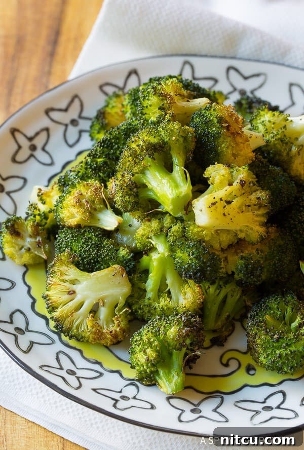 Crispy Roasted Broccoli 6 Close-up of crispy oven roasted broccoli florets
