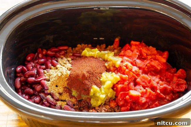 A close-up shot of various chili mac ingredients including ground beef, chorizo, diced tomatoes, and spices laid out on a countertop, ready for preparation.
