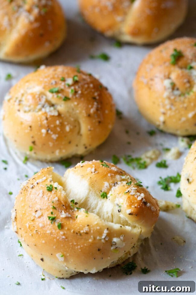 Effortless Garlic Knots 4 A garlic knot torn in half, revealing its airy, tender crumb and soft texture.