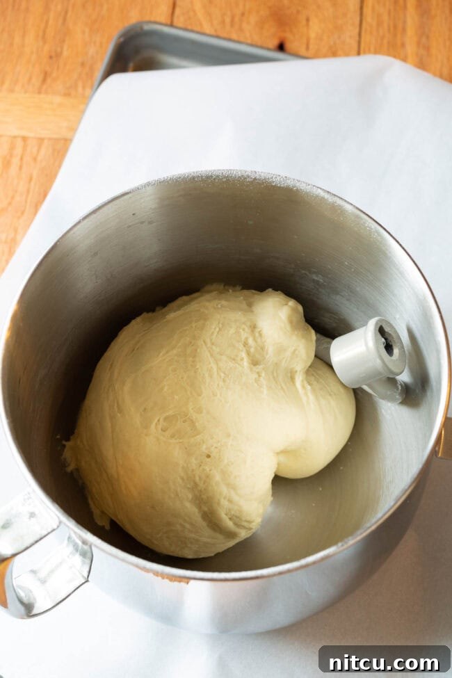 Effortless Garlic Knots 5 Garlic Knots bread dough in mixing a stand mixer bowl, showing its smooth and elastic texture.