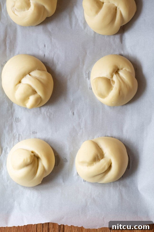 Effortless Garlic Knots 6 Uncooked garlic knots, perfectly shaped and spaced, resting on a parchment-lined baking sheet before their initial rise.