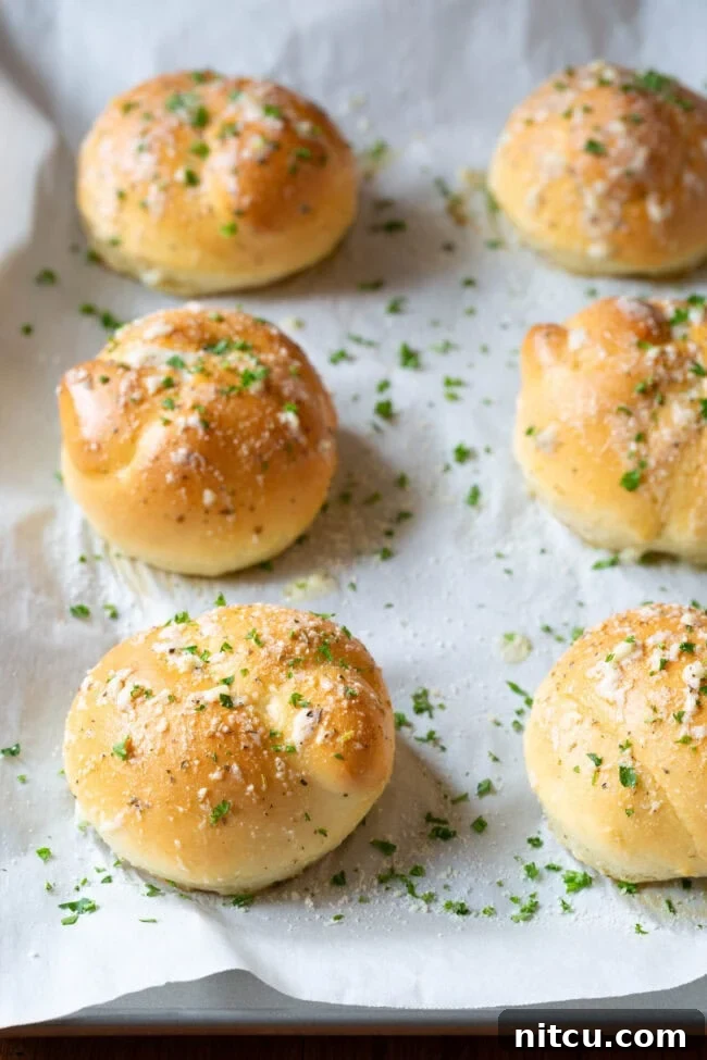 Effortless Garlic Knots 10 Numerous garlic knots neatly arranged on a baking sheet, showcasing their uniformity and appetizing appearance.