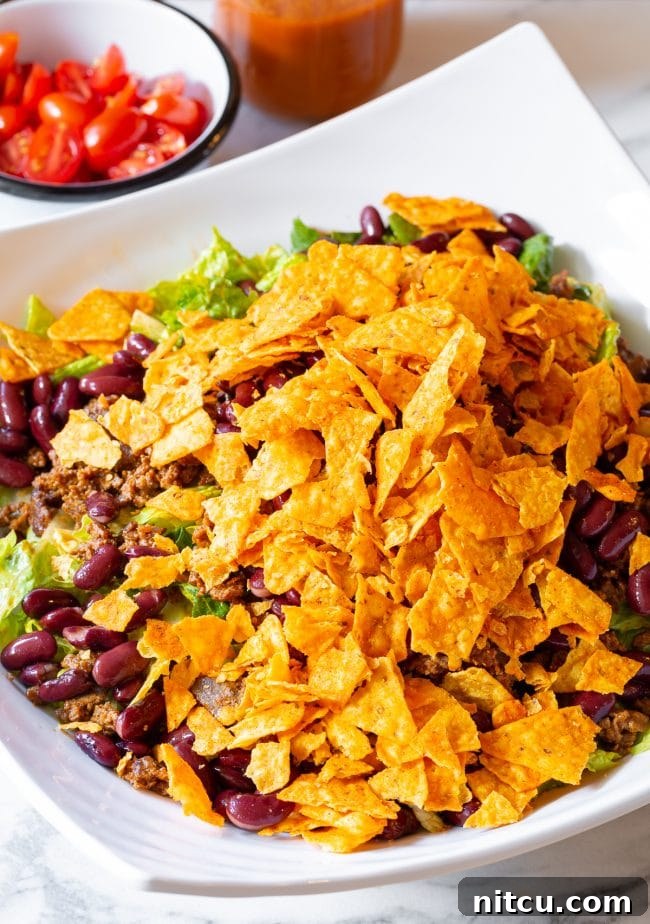 Legendary Dorito Taco Salad 9 Crumbled Nacho Cheese Doritos in a bowl, showing their iconic texture.