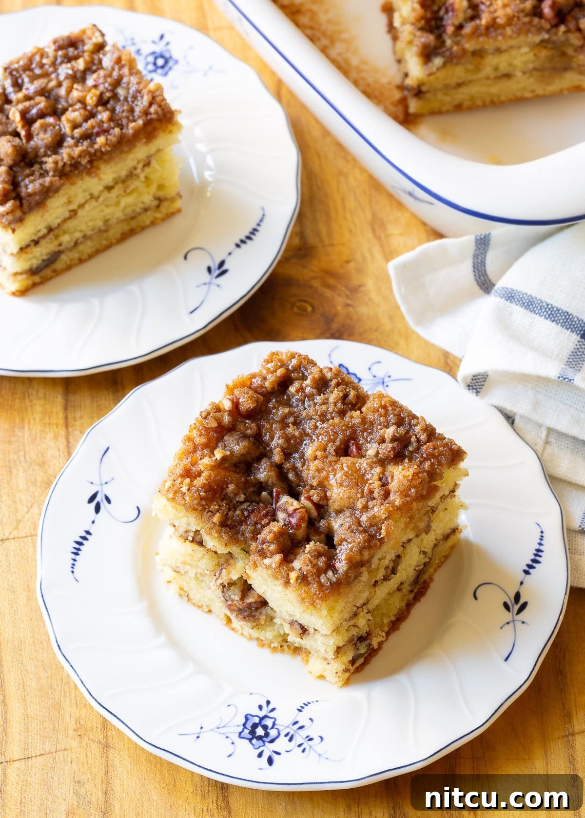 Decadent Kahlua Coffee Cake 8 Kahlua Coffee Cake on blue and white plate, ready to be enjoyed