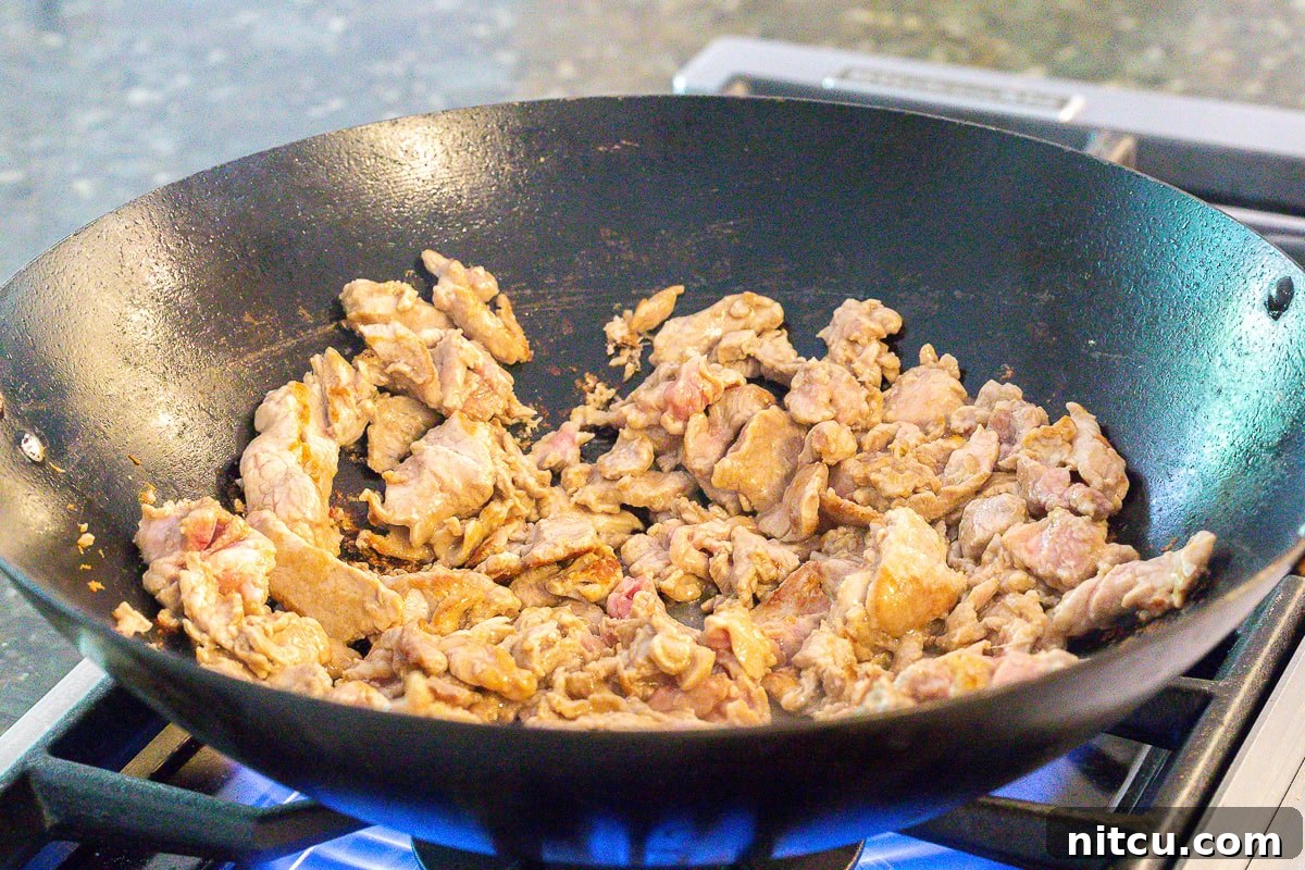 Savory Cantonese Pork Noodles 6 Thinly sliced pork loin searing in a large, hot wok, caramelizing beautifully for the Cantonese Noodles.