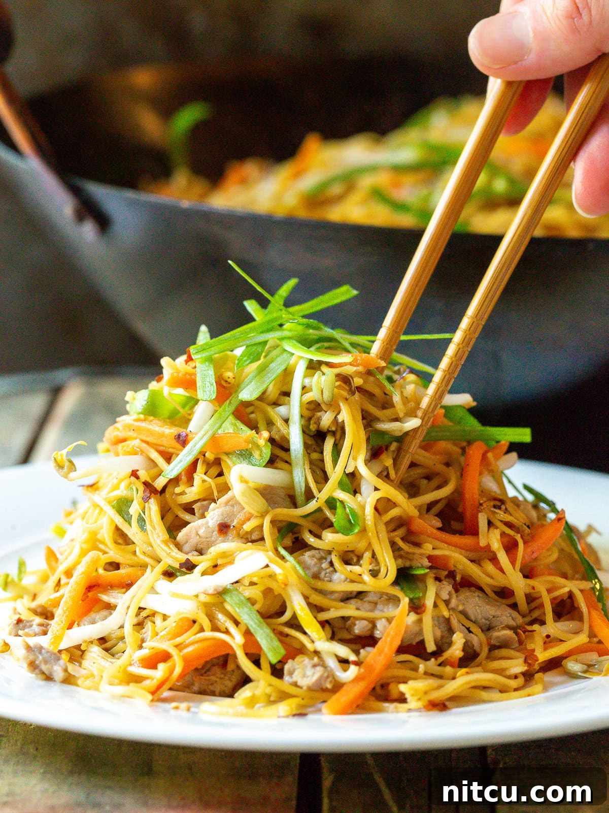 Savory Cantonese Pork Noodles 10 Chopsticks poised above a generous serving of Cantonese Noodles on a white plate, ready to pick up a delicious bite.