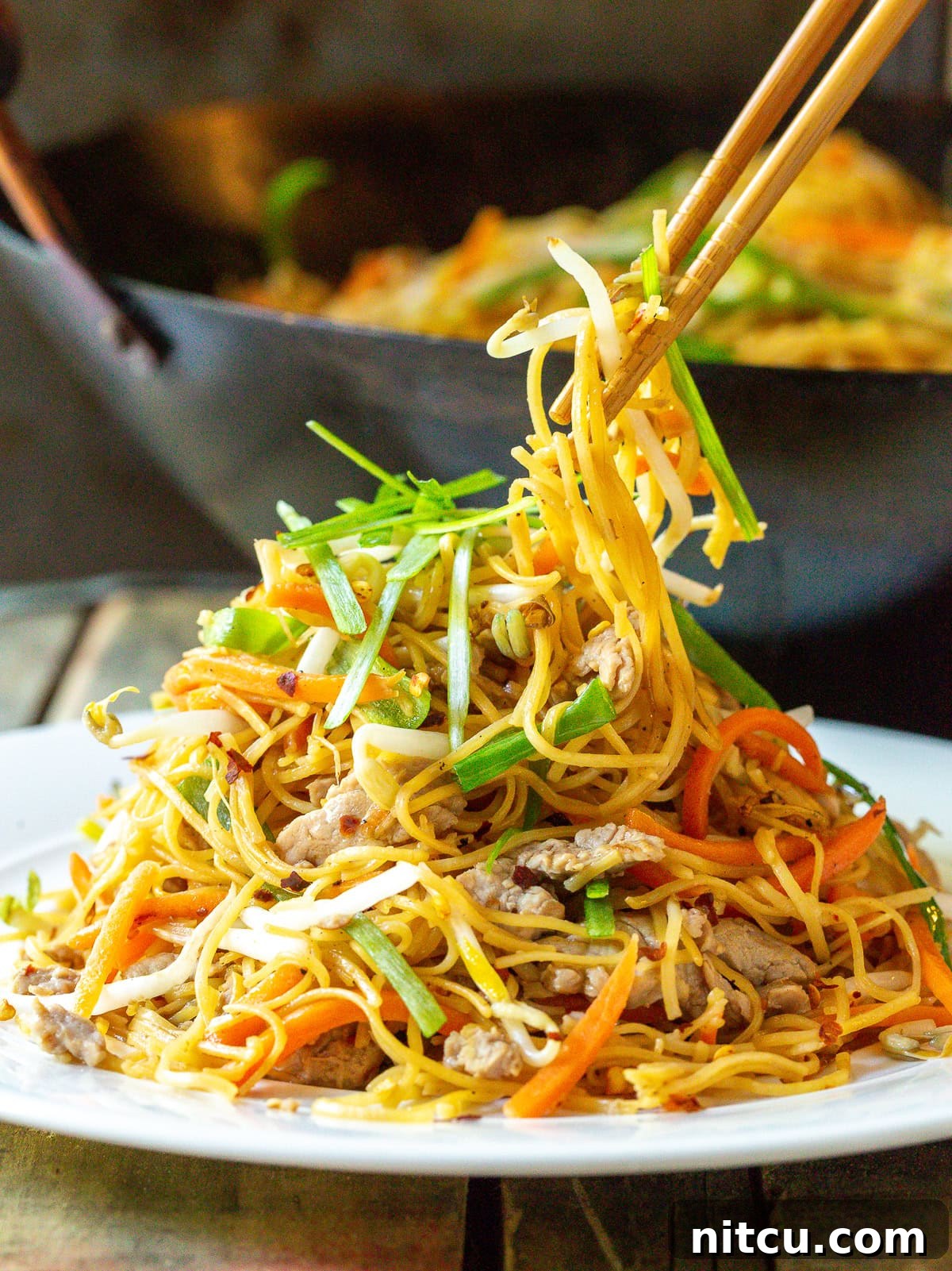 Savory Cantonese Pork Noodles 11 A close-up shot of Cantonese Lo Mein generously piled on a white plate, with a pair of chopsticks picking up a mouthful of noodles, pork, and vegetables.