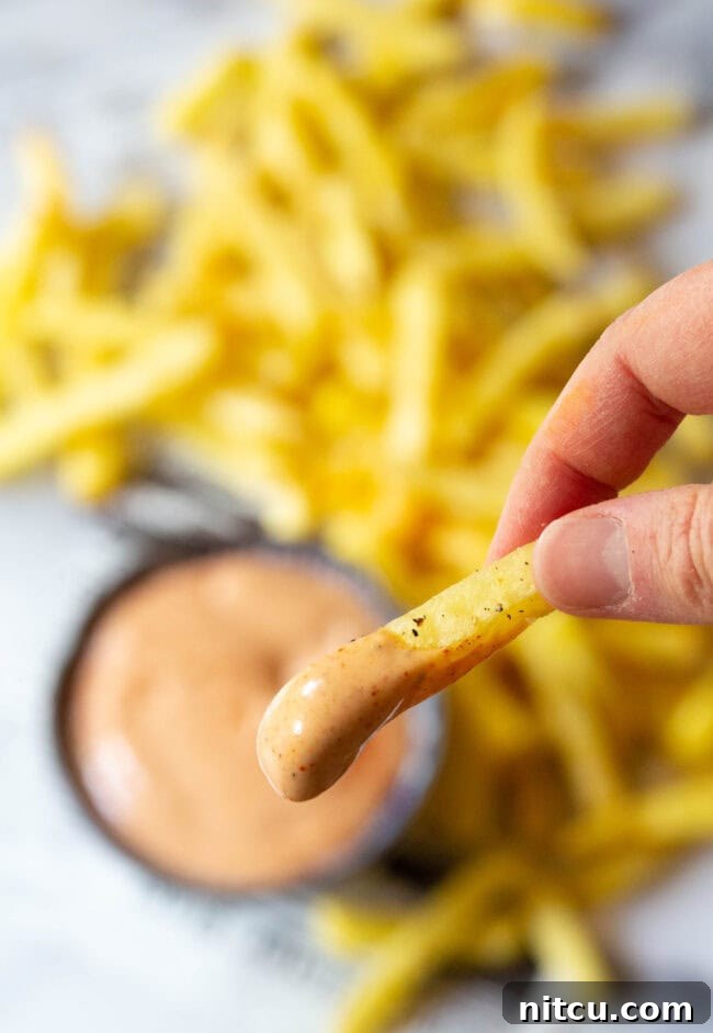 The Encore Sauce 7 A close-up of a hand holding a French fry, dipped generously in creamy Southern Comeback Sauce, with more fries and sauce blurred in the background.