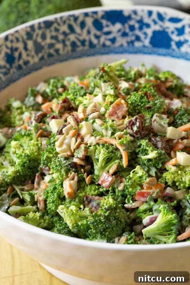 Broccoli Salad with Bacon - Best broccoli salad recipe in a large blue and white bowl, garnished with fresh herbs.
