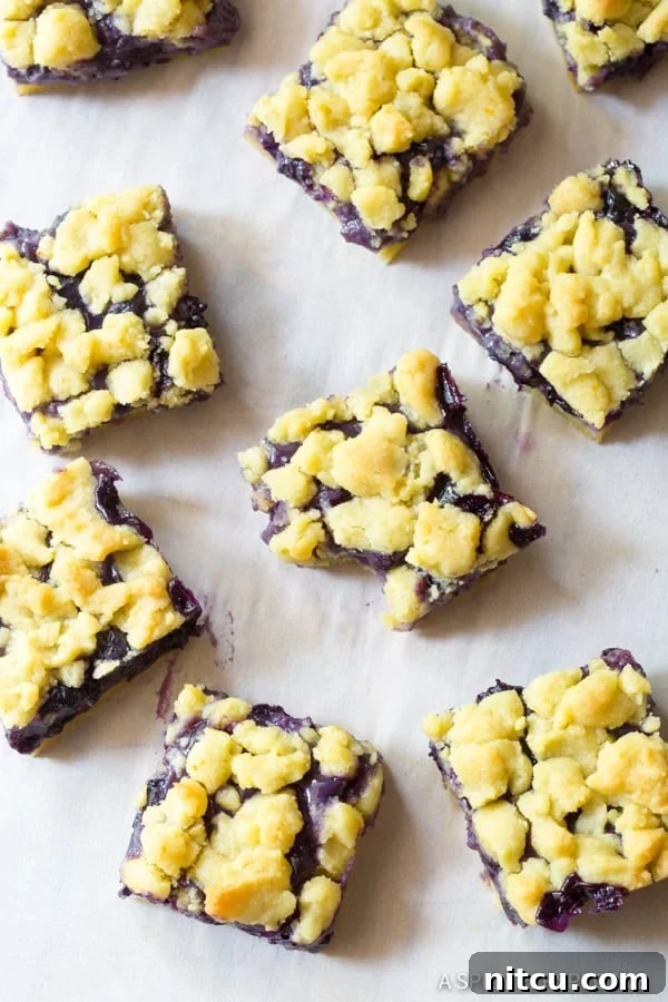 Slices of freshly baked Blueberry Cookie Bars, some with a bite taken, arranged on parchment paper, highlighting their appealing layers.