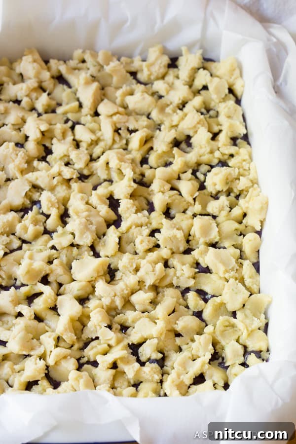 Small, buttery bits of cookie dough evenly spread across the vibrant blueberry filling in a baking dish, ready for the oven.