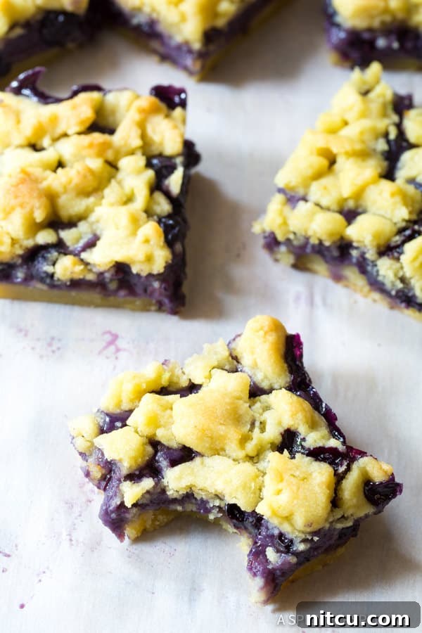 Delicious blueberry cookie slices, some with a bite taken out, showing the rich filling and crumbly topping.