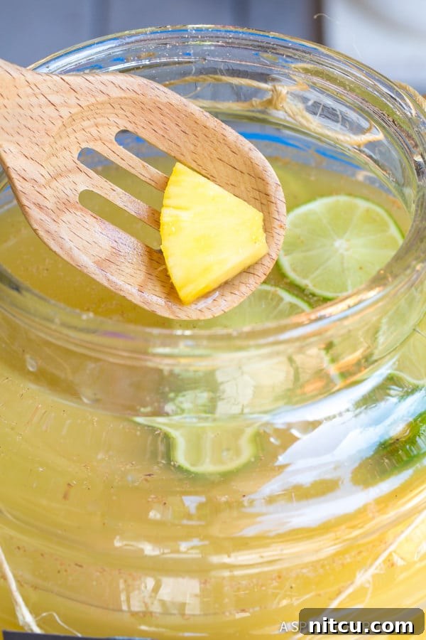 Mule Kick Monsoon Brew 6 Delicious Stormy Donkey Party Punch with lime and ginger slices, highlighting its refreshing and spicy notes.
