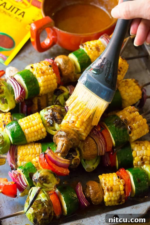 Grilled Vegetable Kabobs with Fajita Butter Served Close-up of Grilled Vegetable Kabobs Ready to Serve