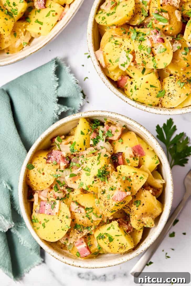 Tangy Warm German Potato Salad 3 Potato Salad Recipe overhead shot with large and small bowl covered in herbs