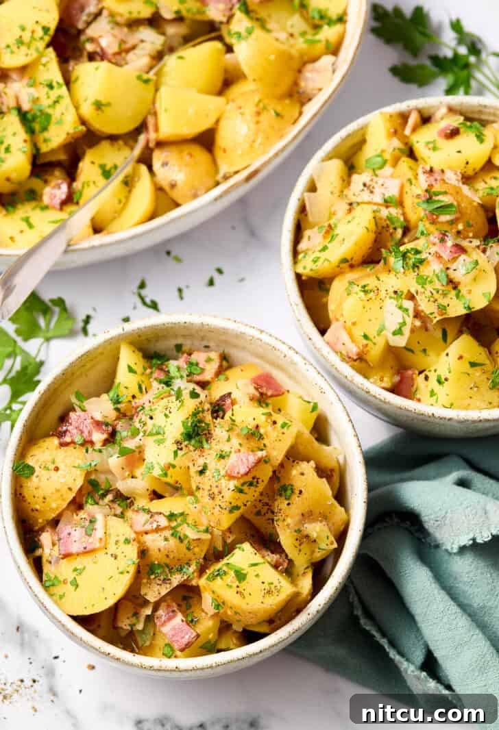 Tangy Warm German Potato Salad 8 hot potato dish served warm in small bowls and serving dish